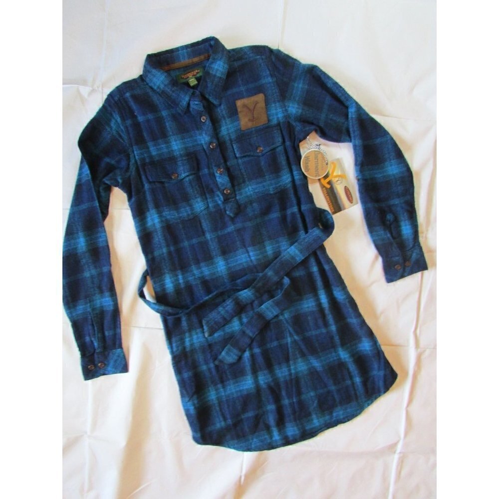 Flyshacker Women's Small Long Sleeve Yellowstone Snuggler Plaid Dress Tunic Blue